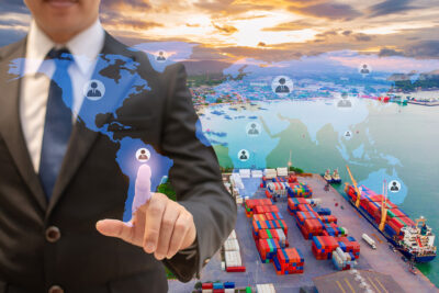 Digital Composite Image Of Businessman And Harbor